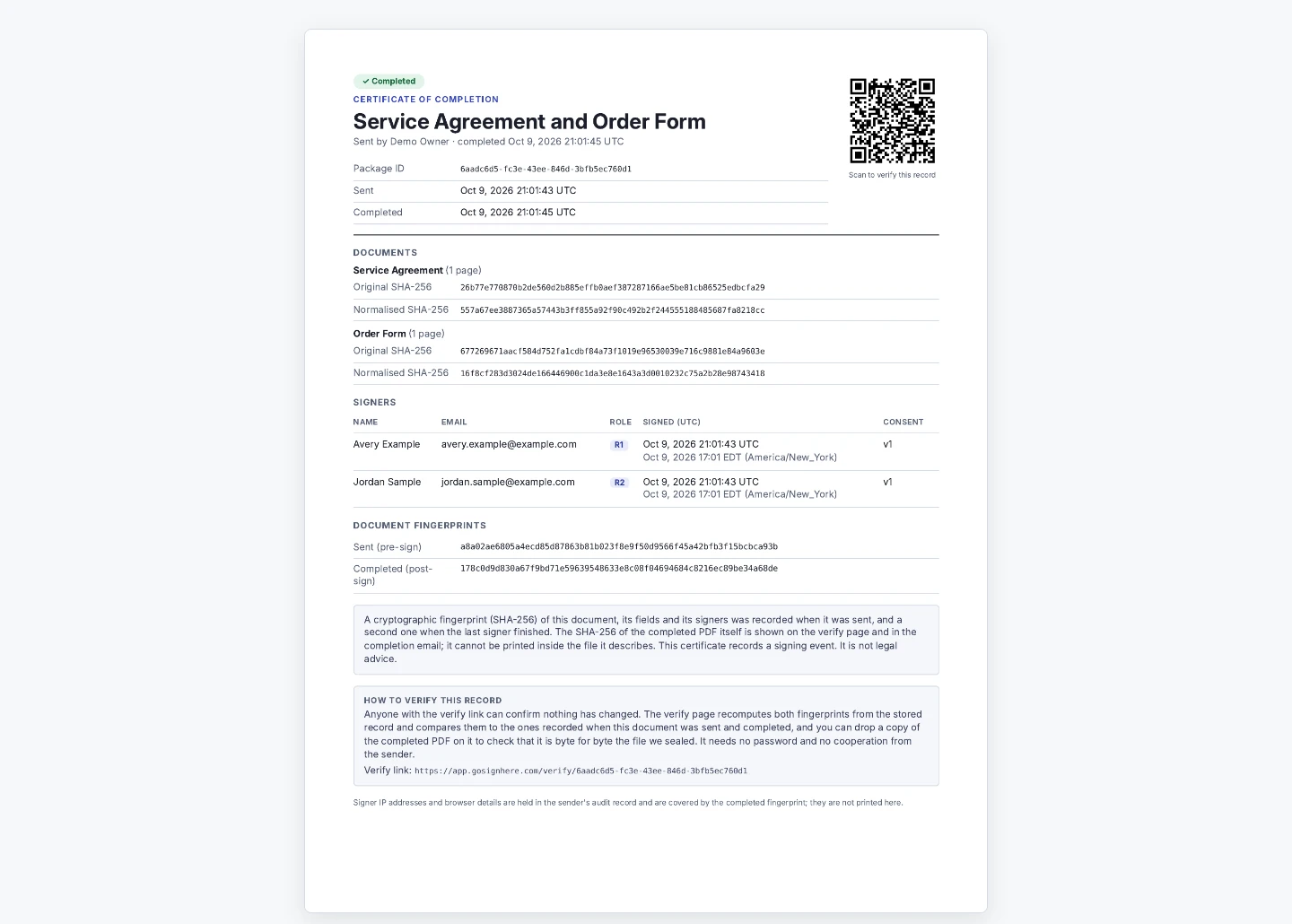 The certificate of completion appended to the completed PDF: package ID, send and completion times, a SHA-256 fingerprint for each document, the two signers with timestamps, a QR code and the verify link.