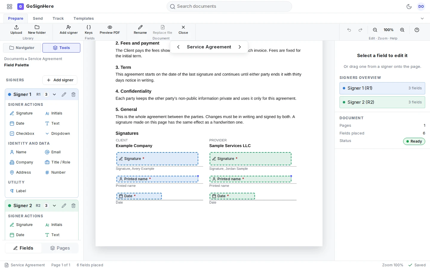 The documents workspace with the Service Agreement open on the page canvas. The signature block at the bottom carries three highlighted fields for each of two signers: signature, printed name and date.