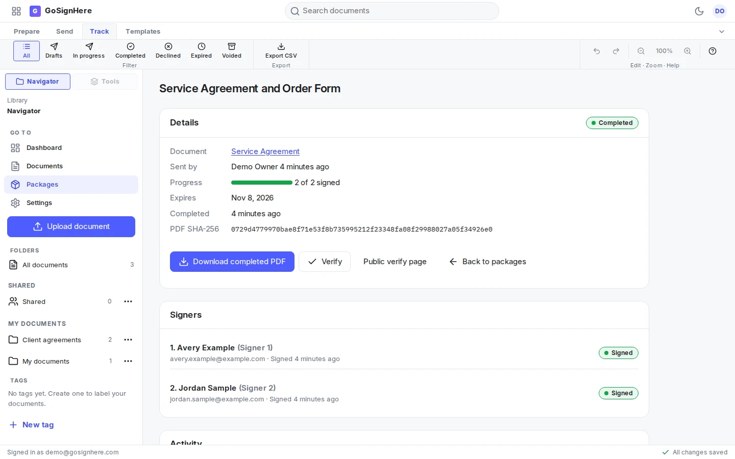 A completed package, "Service Agreement and Order Form", with both signers marked Signed, the SHA-256 of the sealed PDF, and buttons to download the completed PDF, verify it, or open the public verify page.