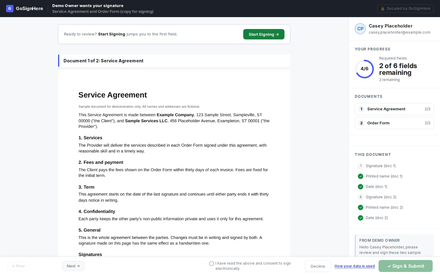 What a signer sees at their private link: the Service Agreement, a progress ring showing fields remaining, a list of the two documents in the package, and a consent checkbox with a Sign and Submit button.