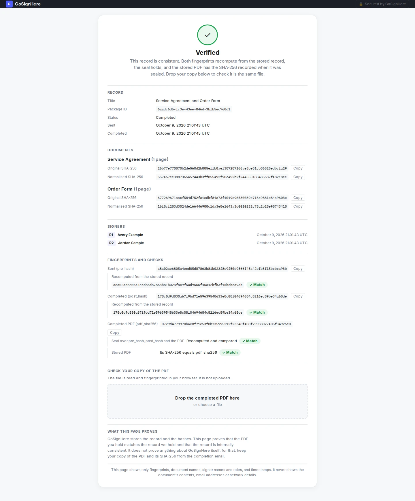 The public verify page, open to anyone without a login. It shows a green Verified mark, the record details, each document's fingerprints with Match badges, and a drop zone to check your own copy of the PDF.